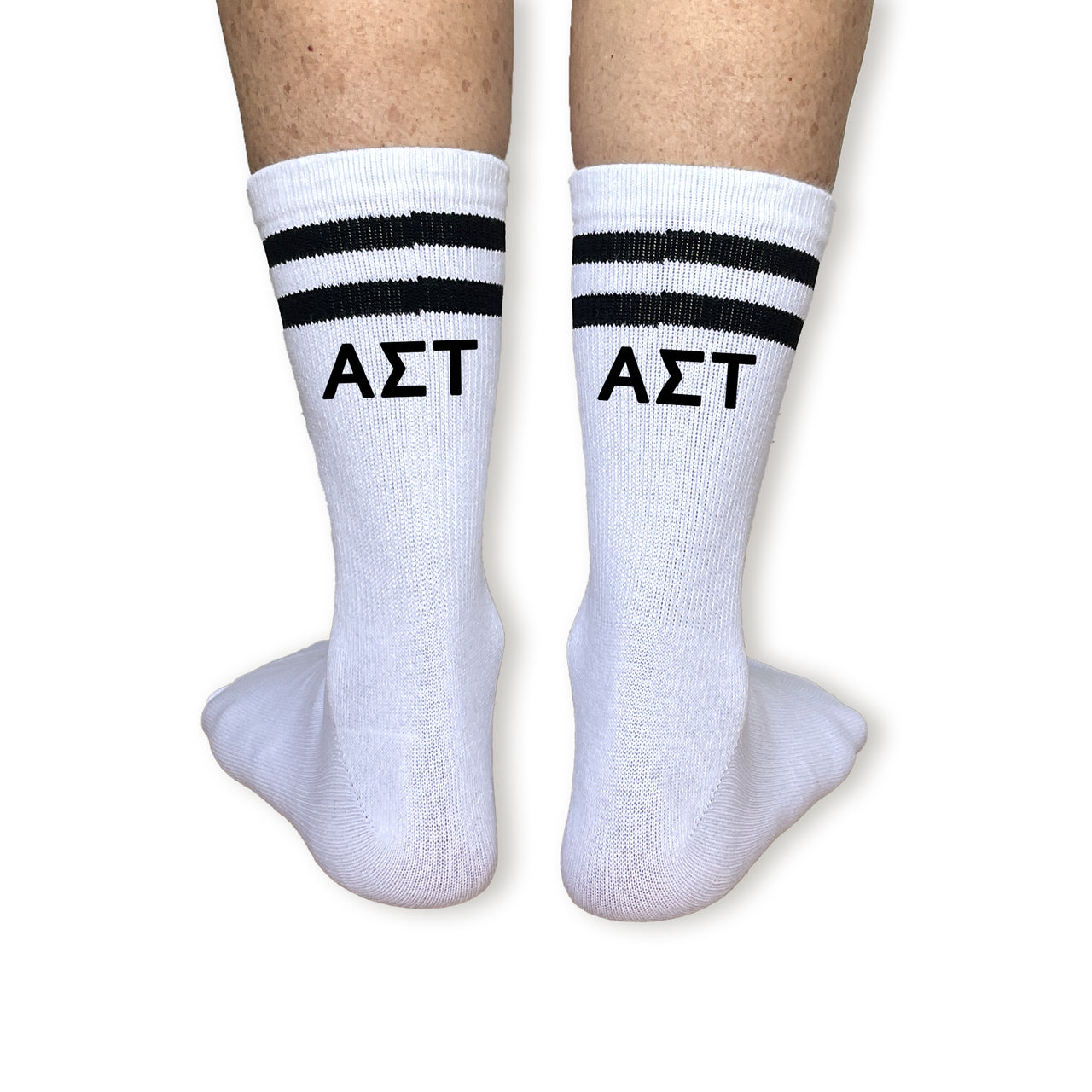 Alpha Sigma Tau Greek Letters on Striped Crew Socks