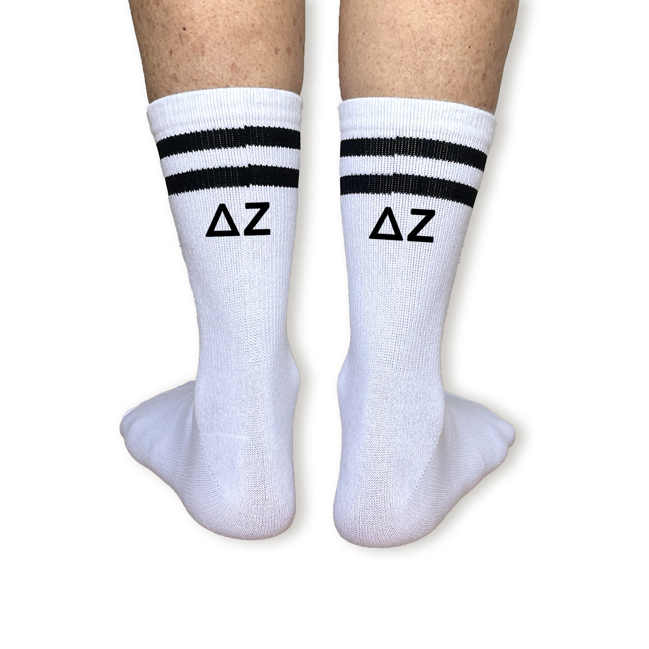 Delta Zeta Greek Letters on Striped Crew Socks