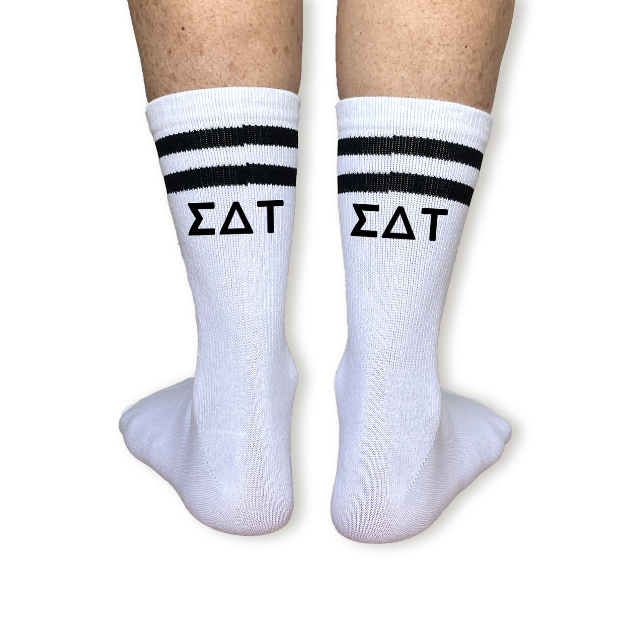 Sigma Delta Tau Greek Letters on Striped Crew Socks