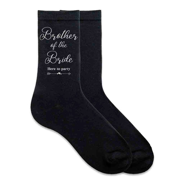 Wedding party socks with fun sayings for the brother of the bride digitally printed here to party design on the outside of the cotton socks.