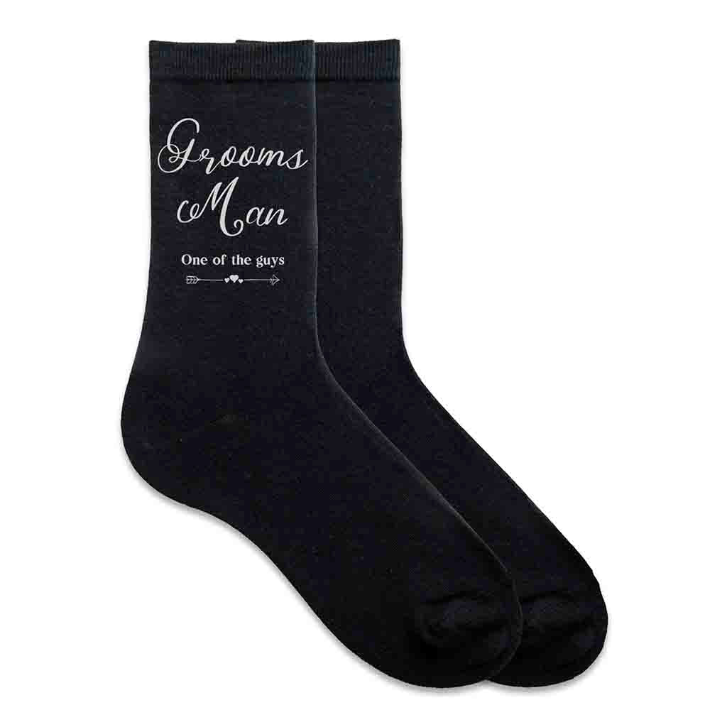 Wedding party socks with fun saying for the grooms man custom printed one of the guys design on the outside of both socks.