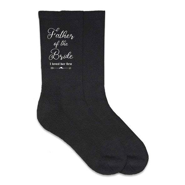 Cotton wedding socks printed with father of the bride wedding role and fun saying I loved her first design on the outside of both socks makes the perfect accessory on your big day.