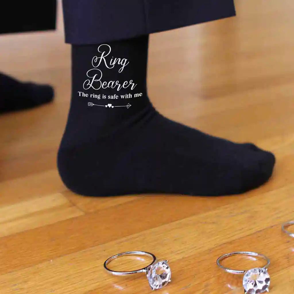 These wedding socks were designed with the ring bearer in mind and it's reminder that they are in charge of ring security. Fun wedding socks he will love.