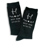 Flat knit socks custom printed with a western theme design and personalized with a rope monogram and your wedding role and date for all your wedding party.