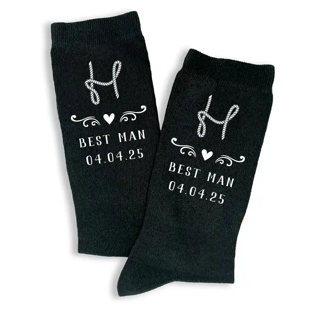 Flat knit socks custom printed with a western theme design and personalized with a rope monogram and your wedding role and date for all your wedding party.