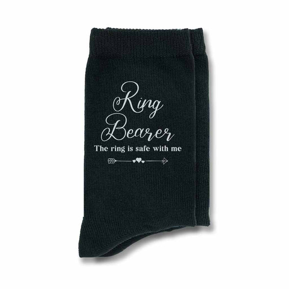 Ring bearer socks custom printed on comfortable flat knit dress socks with the ring is safe with me fun saying.