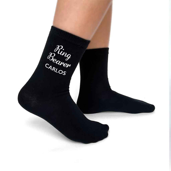 Ring bearer digitally printed on the outside of flat knit dress socks are the perfect accessory on your wedding day personalized with your ring bearers name.