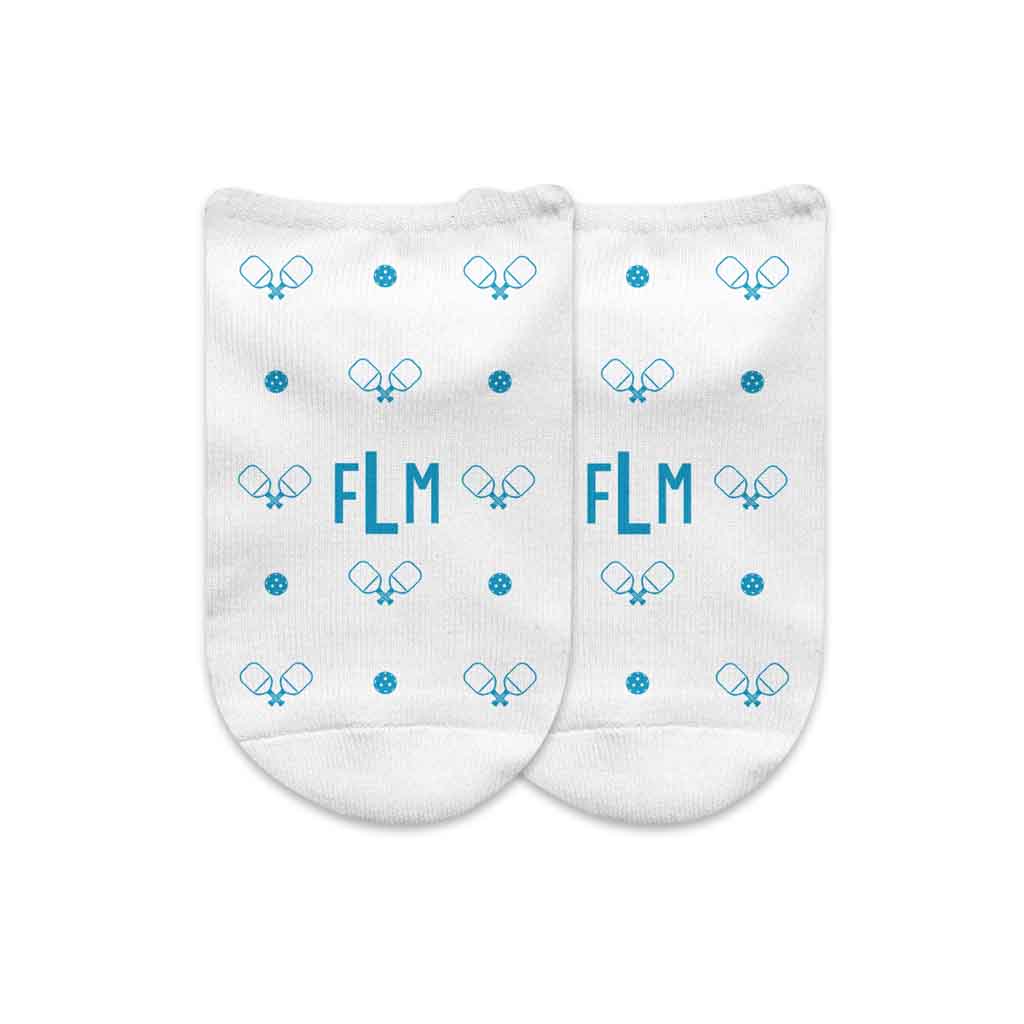 Blue pickleball design custom printed with your monogram initials on white cotton no show socks in a gift box set.