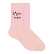 A practical gift idea your wedding party will love these printed wedding party socks with fun saying for the usher, take a seat.