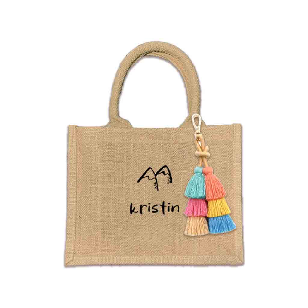 Custom boho burlap bags designed for occasions like bachelorette parties and birthdays. These bags feature vibrant prints made with eco-friendly inks and come with options for tassels and a selection of design motifs.