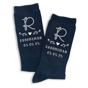 Western ranch theme wedding design custom printed on flat knit dress socks personalized with your wedding role and date is the perfect gift for your wedding party.