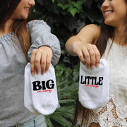 Big and Little Chi Omega design custom printed on the top of comfy white cotton no show socks.