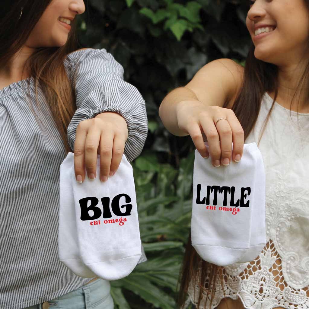 Big and Little Chi Omega design custom printed on the top of comfy white cotton no show socks.