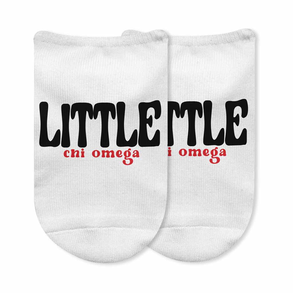 Chi Omega sorority name big and little design custom printed on comfy white cotton no show socks.