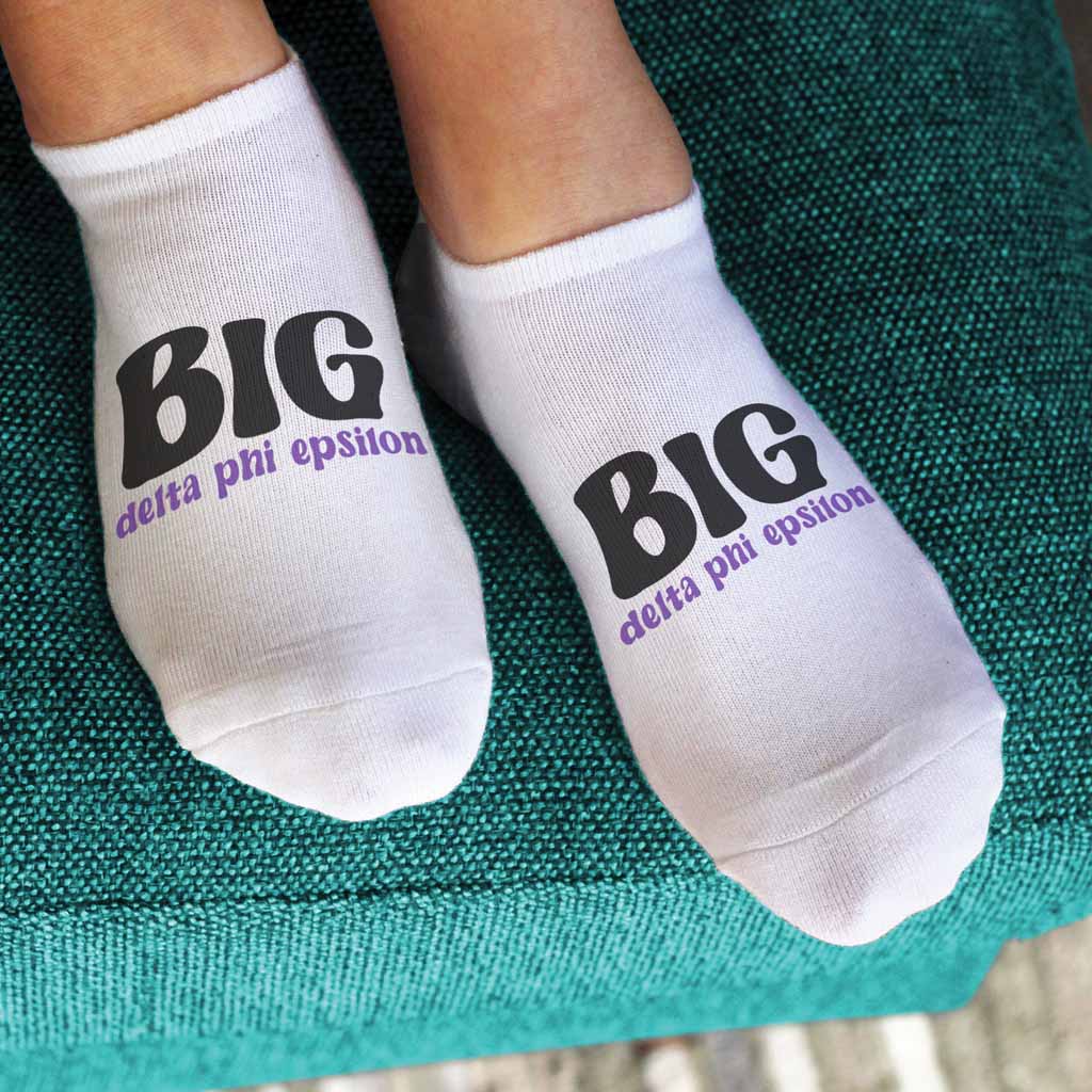 Big and Little Delta Phi Epsilon sorority design digitally printed on comfy white cotton no show socks.