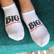 Fun big or little Alpha Gamma Delta design custom printed on white cotton no show socks.