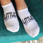 Custom printed Sigma Delta Tau Big and Little designs on white cotton no show socks.