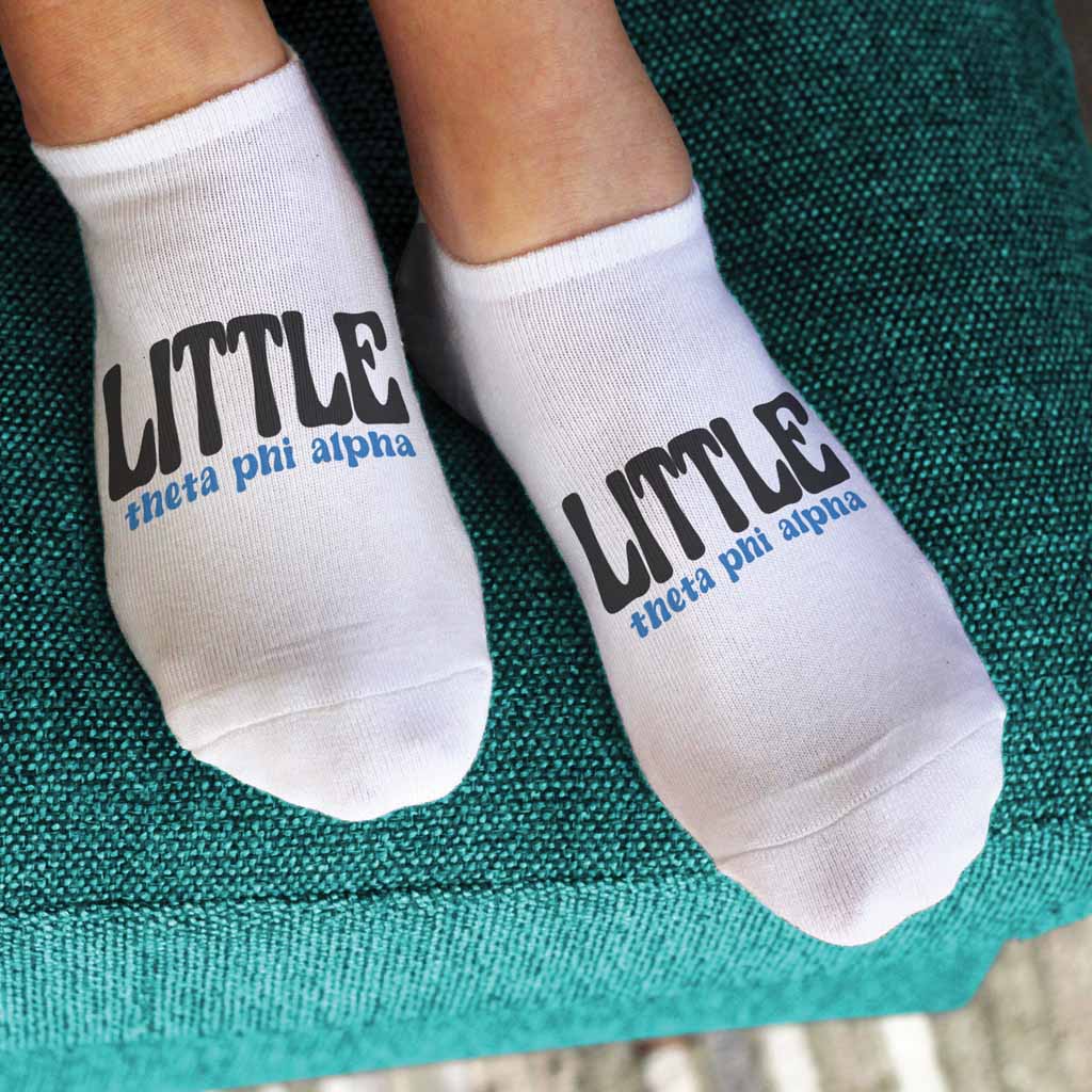 Big and Little Theta Phi Alpha sorority design custom printed on white cotton no show socks.
