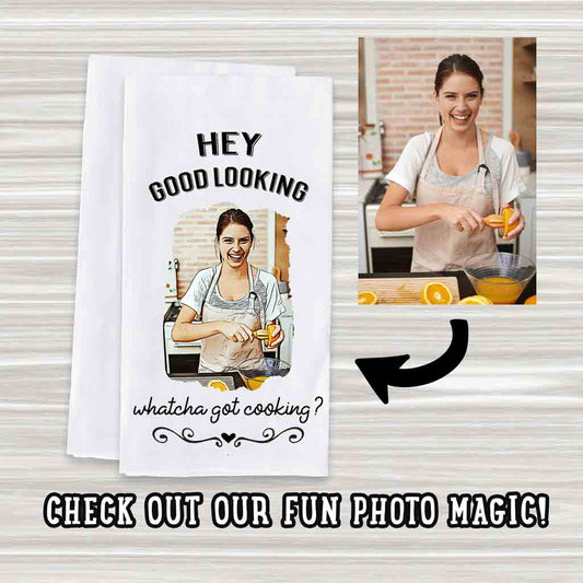 Fun photo cartoon effect personalized kitchen towel with Hey good looking phrase