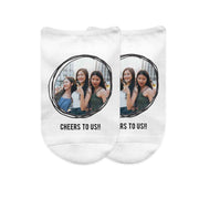 White cotton no show socks custom printed with scribble circle design and personalized with your photo and text.