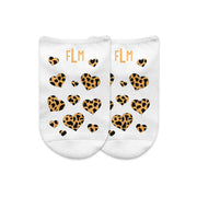Cheetah animal print heart design custom printed on no show socks and personalized with your monogram initials in a gift box set of 3.