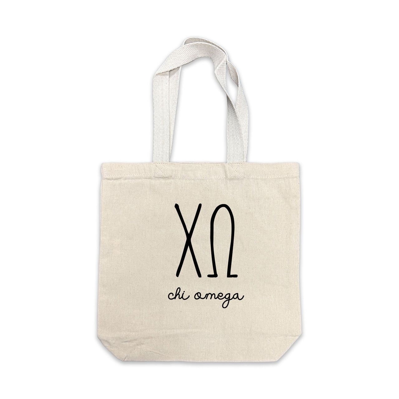 Chi Omega small canvas tote bag featuring striped Chi Omega Greek letters on a white background