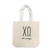 Chi Omega small canvas tote bag featuring striped Chi Omega Greek letters on a white background