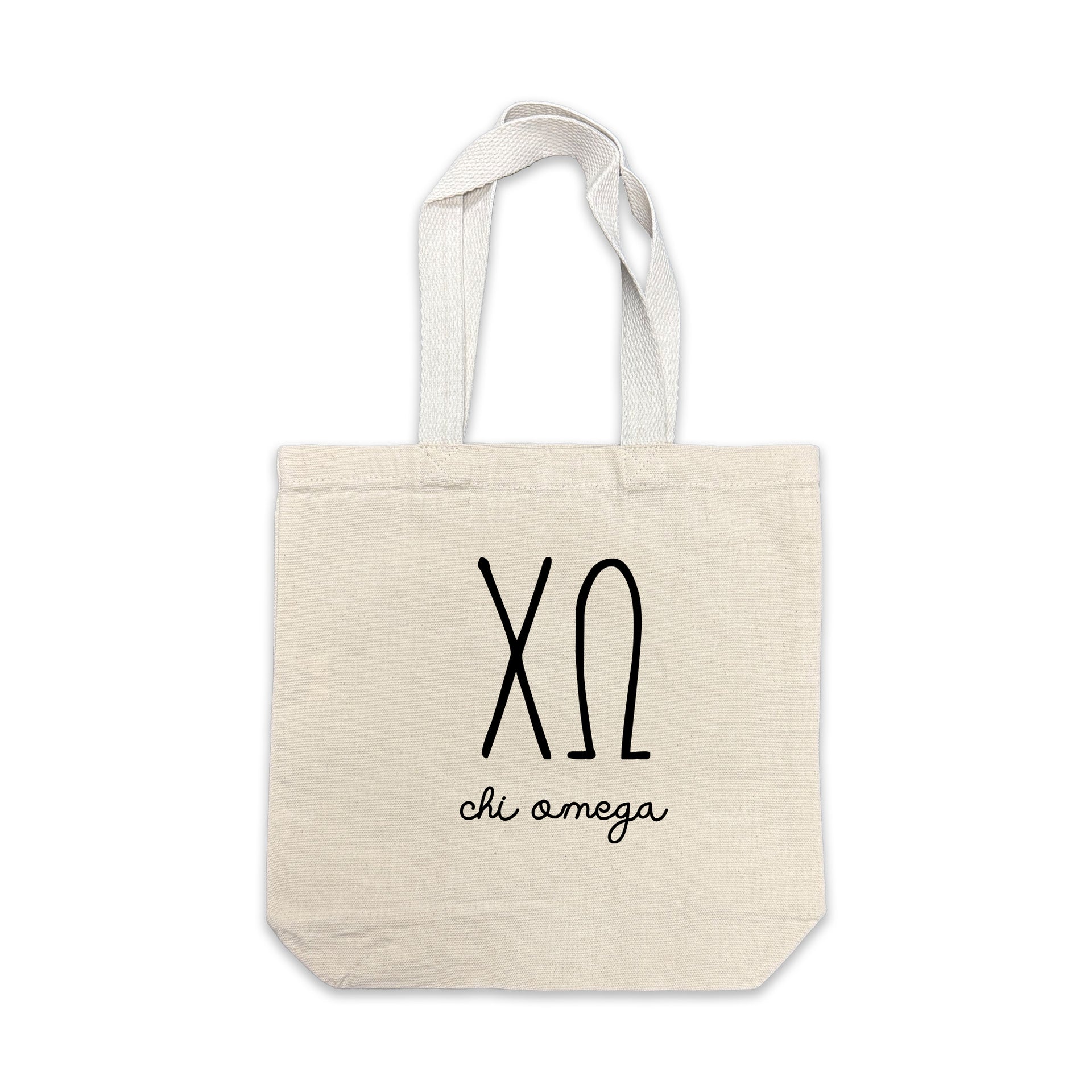 Chi Omega small canvas tote bag featuring striped Chi Omega Greek letters on a white background