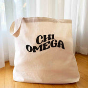 Sorority canvas tote bag digitally printed with Chi Omega mod design in black ink.
