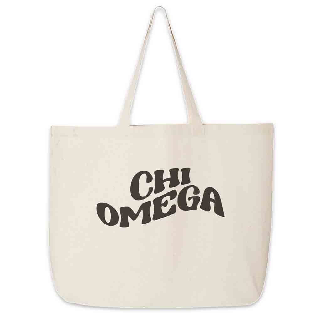 Large natural canvas tote bag digitally printed with Chi Omega sorority name in black ink.
