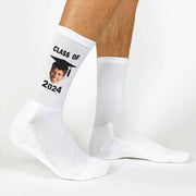  Class of 2024 photo socks custom printed and cropped with a graduation cap and class of 2024 design on white cotton crew socks makes a great gift for any graduating senior.