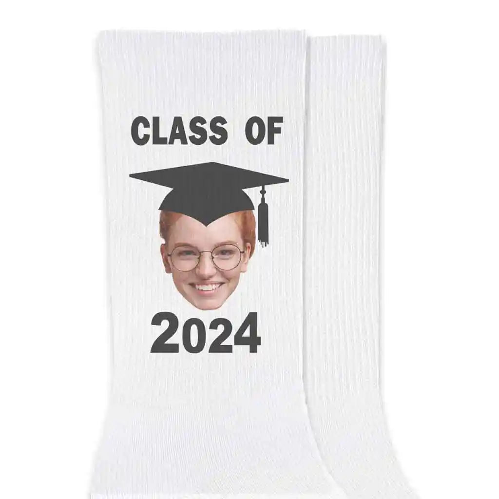 Class of 2024 photo socks custom printed and cropped with a graduation cap and class of 2024 design on white cotton crew socks makes a great gift for any graduating senior.