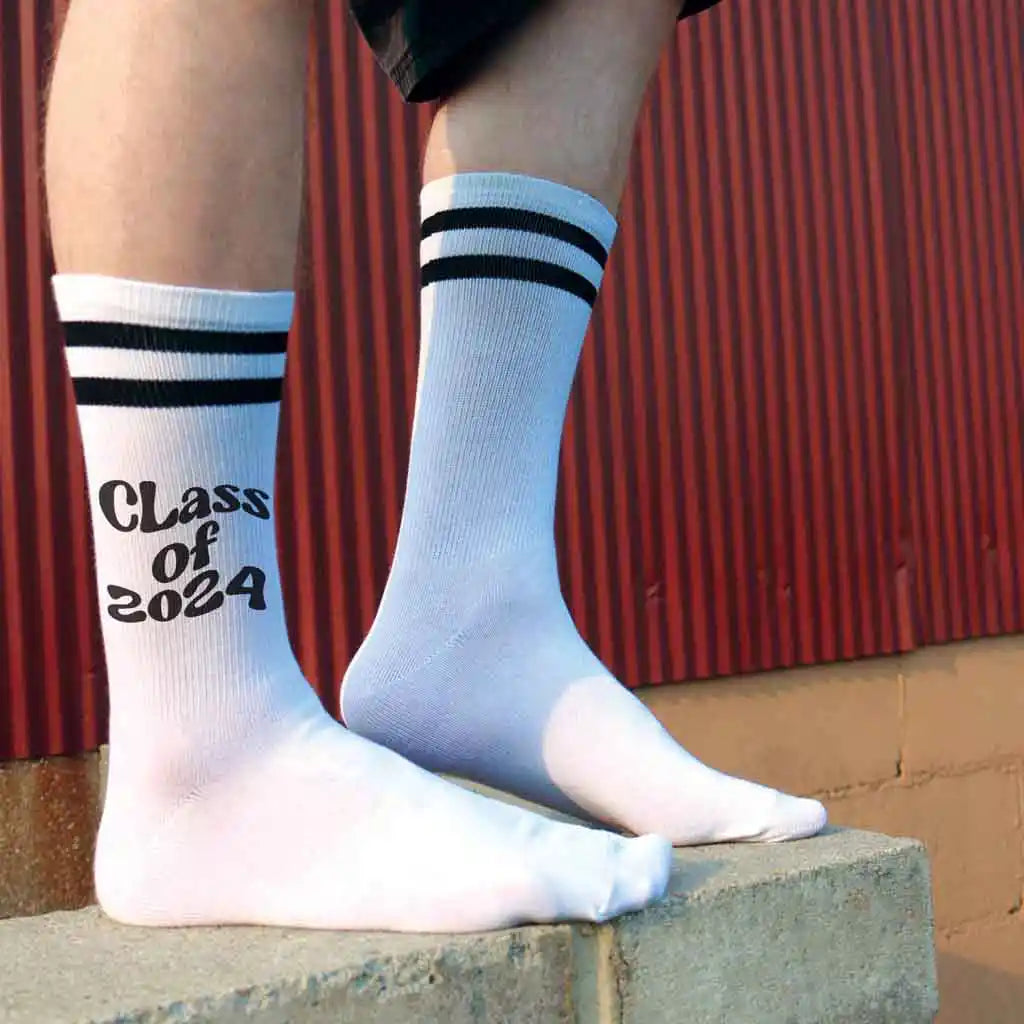 White cotton crew socks with black stripes custom printed in black ink are the perfect accessory for walking across the podium to accept your diploma.