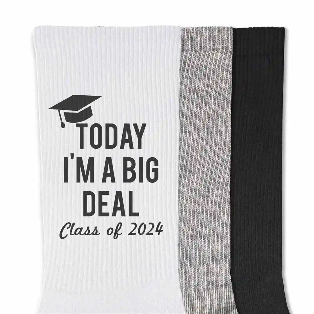 Funny 2024 graduation gift socks custom printed with class of 2024 Today I'm a Big Deal printed on the outsides of both socks make a great gift for your graduating senior.