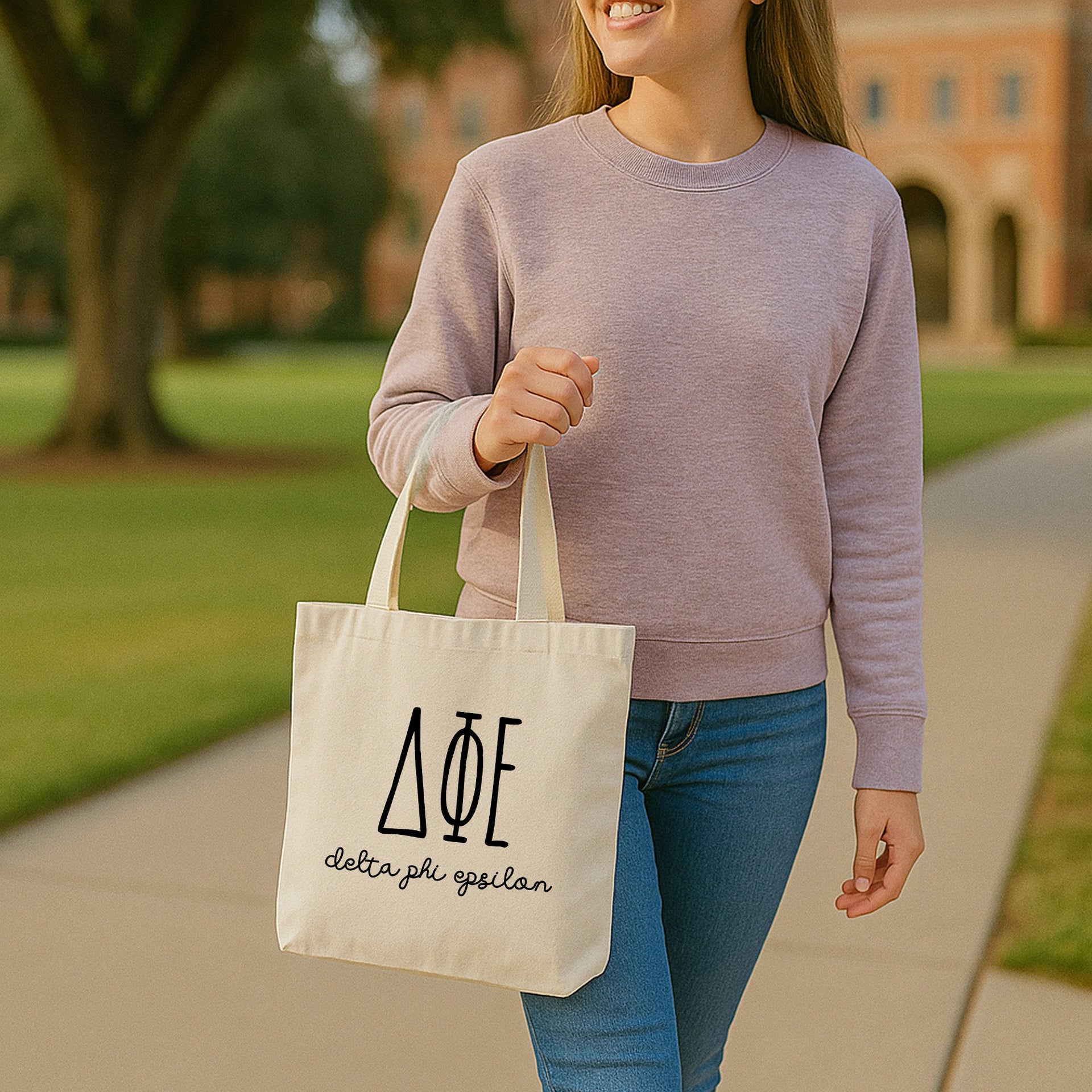 Delta Phi Epsilon lifestyle photo of a student walking through campus with her DPhiE tote bag over her shoulder.