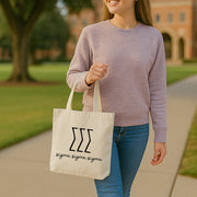 Sigma Sigma Sigma tote bag featured in a bedroom decor scene, customized with Tri Sigma Greek letters and name.