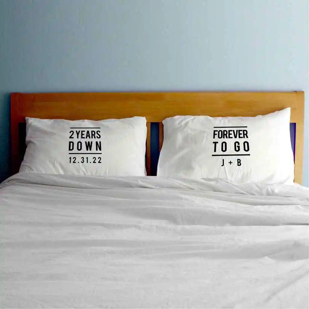 2nd anniversary gift idea - custom printed cotton pillowcases with wedding date and couple's initials