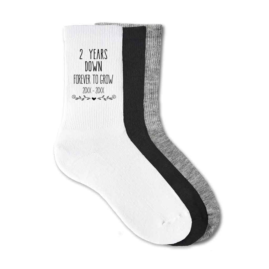 Thumnail images of 3 color options for 2nd anniversary crew socks