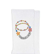 Fun socks inspired by Taylor Swift, friendship bracelet design with Crazier spelled out