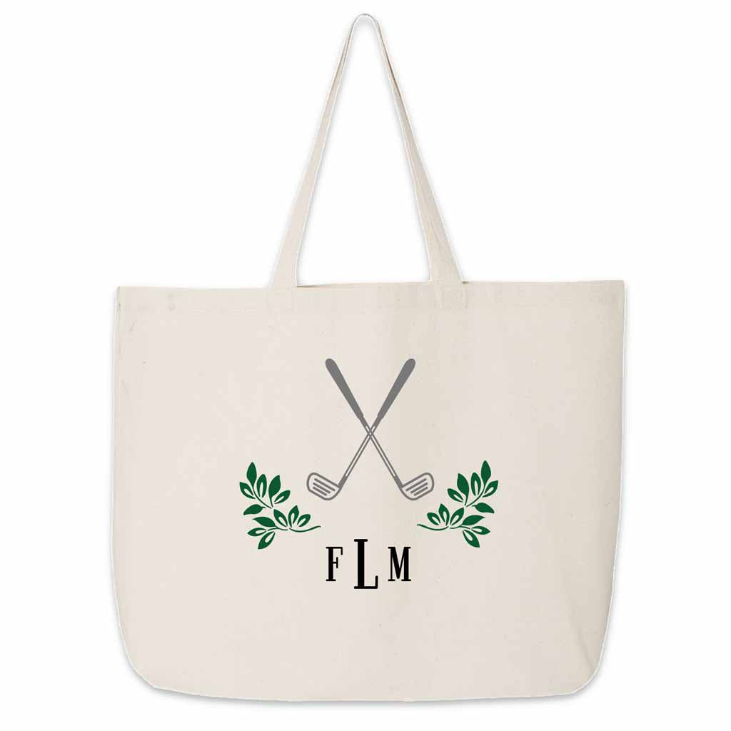 Personalized golf monogram large canvas tote bag custom printed.