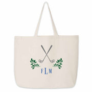 Custom printed large canvas tote bag with monogram and golf design digitally printed on the side.