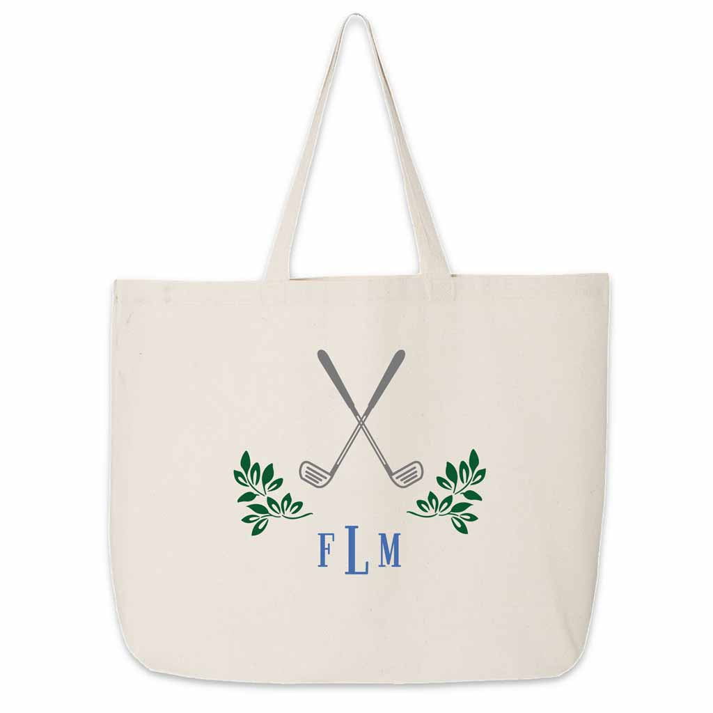 Personalized Golf Monogram Large Canvas Tote Bag - Blue / Large / Natural