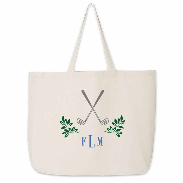 Custom printed large canvas tote bag with monogram and golf design digitally printed on the side.