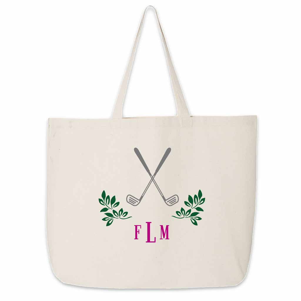 Custom printed canvas tote bag personalized with monogram initials and golf theme design.