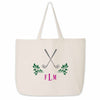 Custom printed canvas tote bag personalized with monogram initials and golf theme design.
