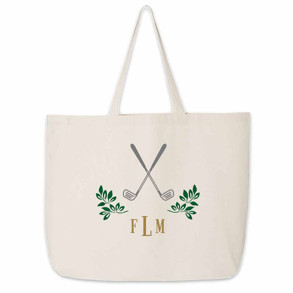 Custom printed large canvas tote bag with monogram and golf design digitally printed on the side.