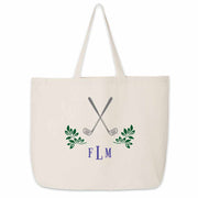 Large canvas tote bag custom printed with golf design and personalized with your monogram initials.