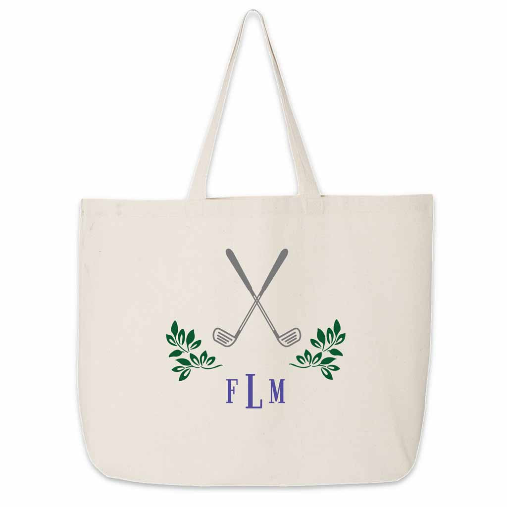 Large canvas tote bag custom printed with golf design and personalized with your monogram initials.