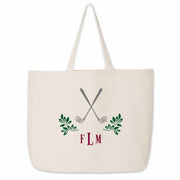 Custom printed large canvas tote bag with monogram and golf design digitally printed on the side.