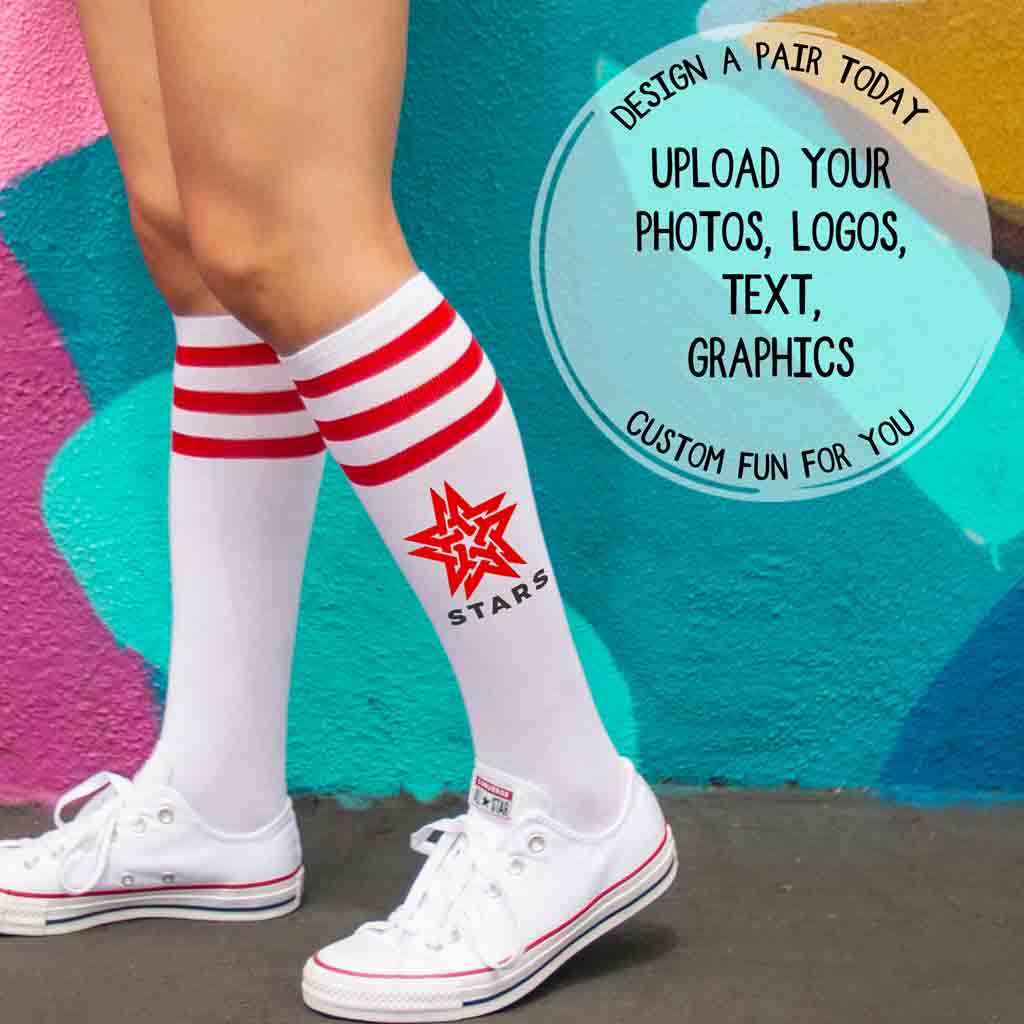 Custom with knee socks with red stripes shown with a logo design on the calf area. Also available in stripe colors: black, fuchsia, navy and royal blue.